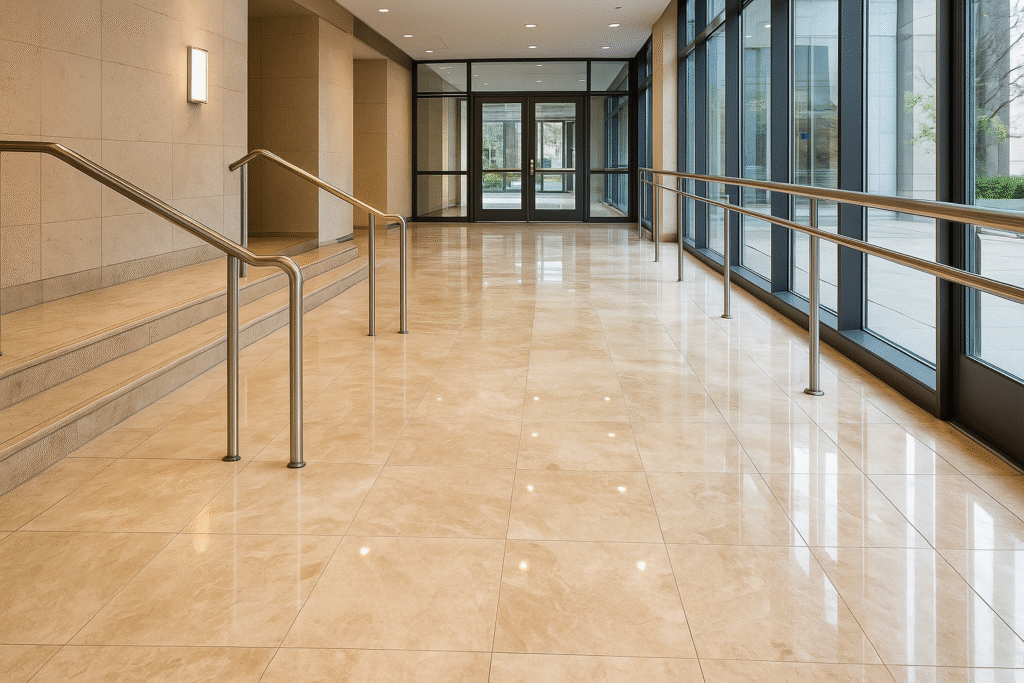 Polished commercial lobby with restored marble flooring and stainless steel railings.