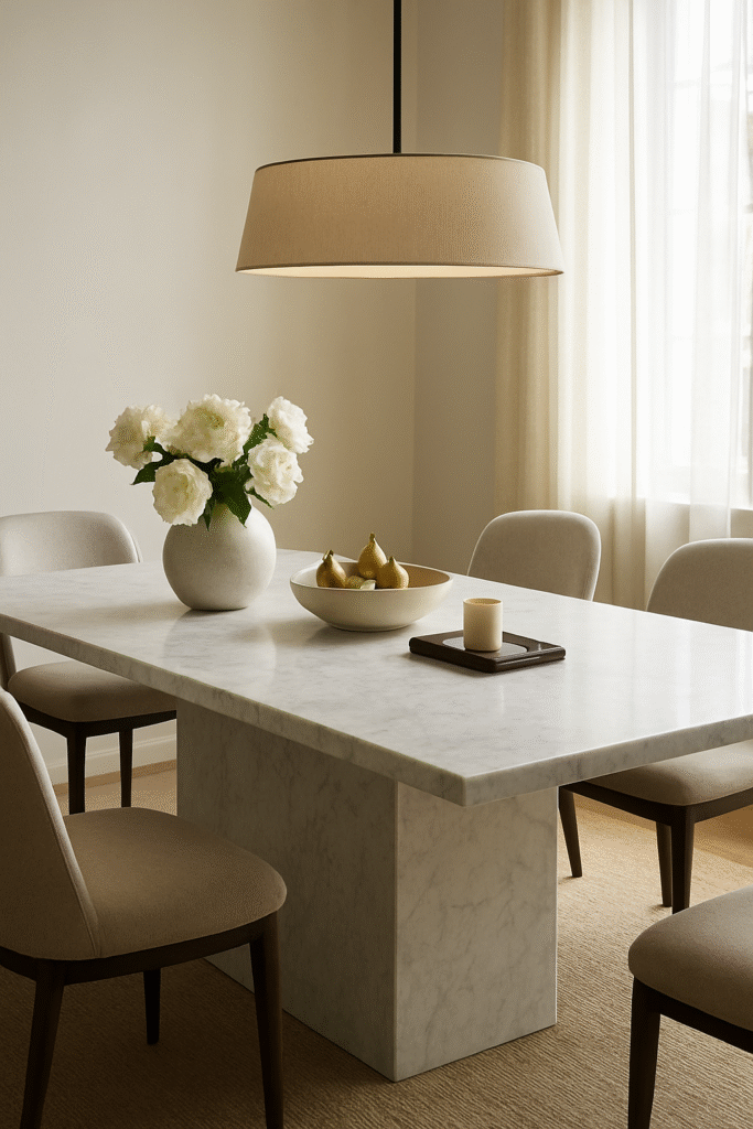 Restoration Hardware–style marble dining table with beige chairs, soft natural lighting, and minimal modern décor.
