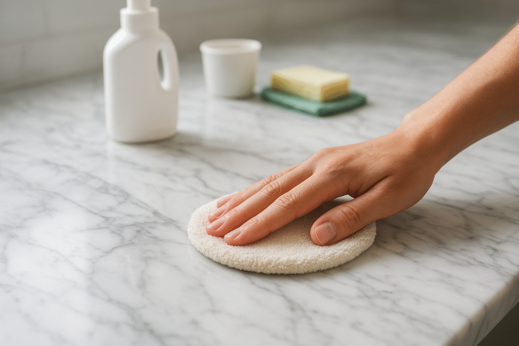 Hand polishing a white marble countertop using a soft microfiber pad during a marble restoration process.