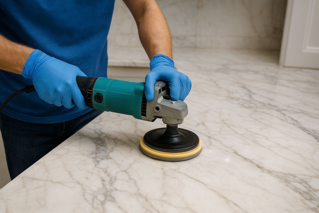 Professional marble restorer polishing a marble countertop using a power polisher.