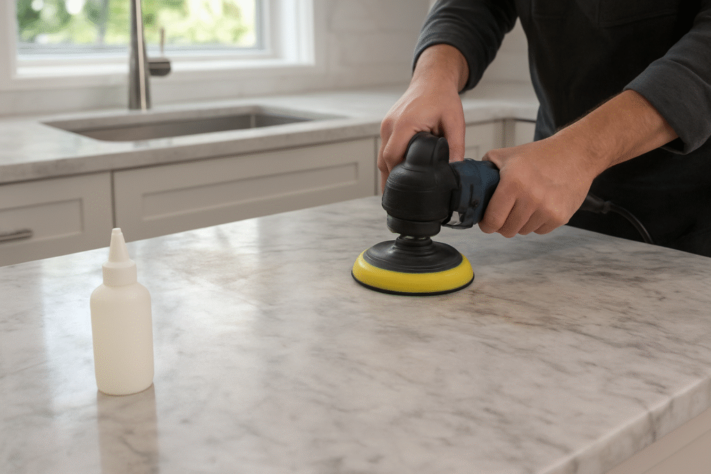 A technician polishing a marble countertop using a rotary buffer in a bright, modern kitchen