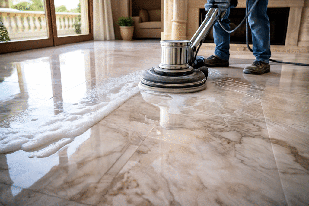 Highly polished marble floor reflecting light with a smooth, glossy finish.