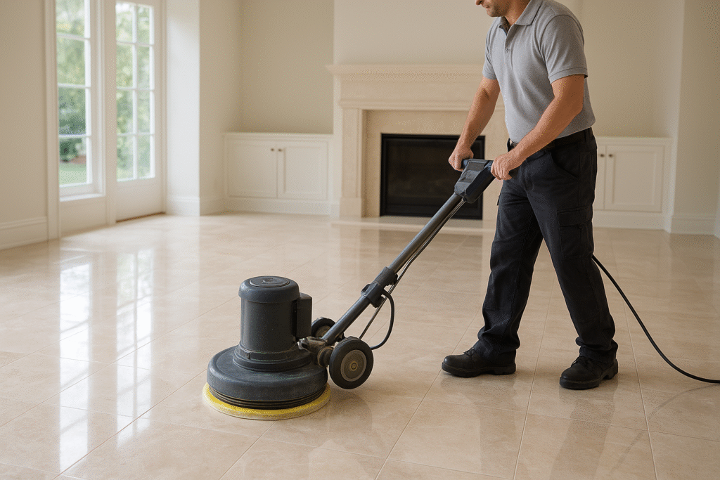 Technician polishing a marble floor inside a bright Long Island home during a professional stone restoration service.