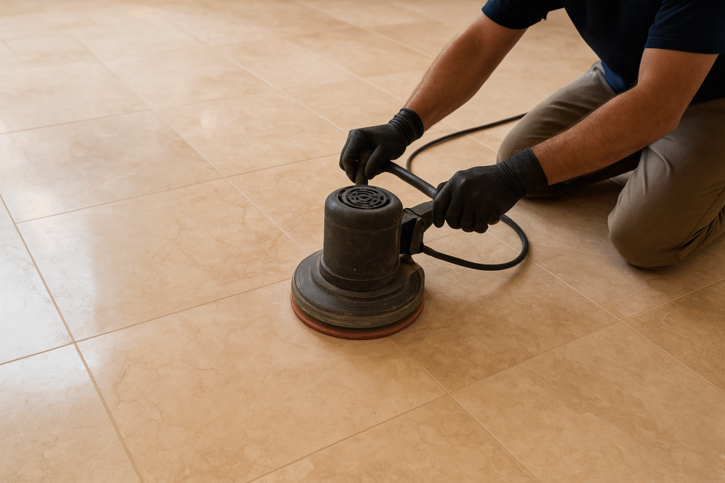 Worker performing stone restoration on beige marble tiles using a professional floor polishing machine.