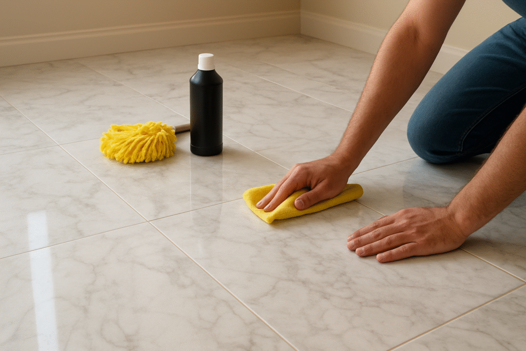 A person polishing a white marble floor with a yellow microfiber cloth and cleaning supplies nearby in a bright indoor setting.