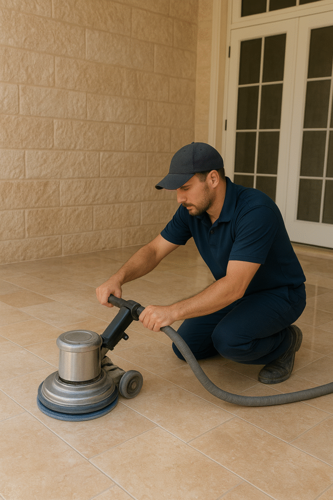 Professional stone restoration technician polishing beige tile floor in a residential property.