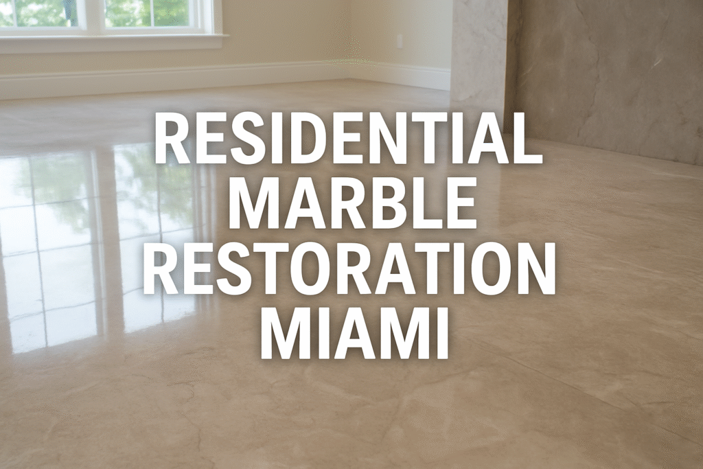 Technician polishing residential marble floor during restoration in a Miami home